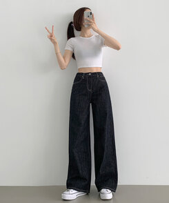 2XL4계절 논페이드 생지 뒷밴딩 와이드핏 데님팬츠 블루