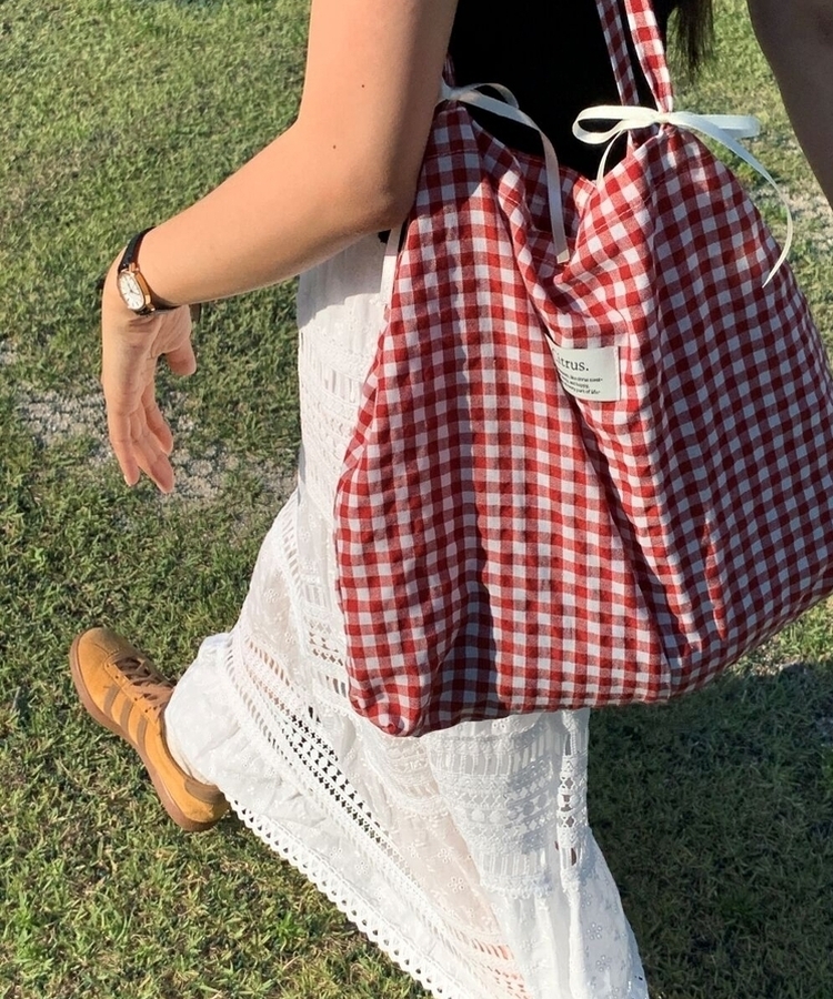 チェックショルダーエコバッグ RED