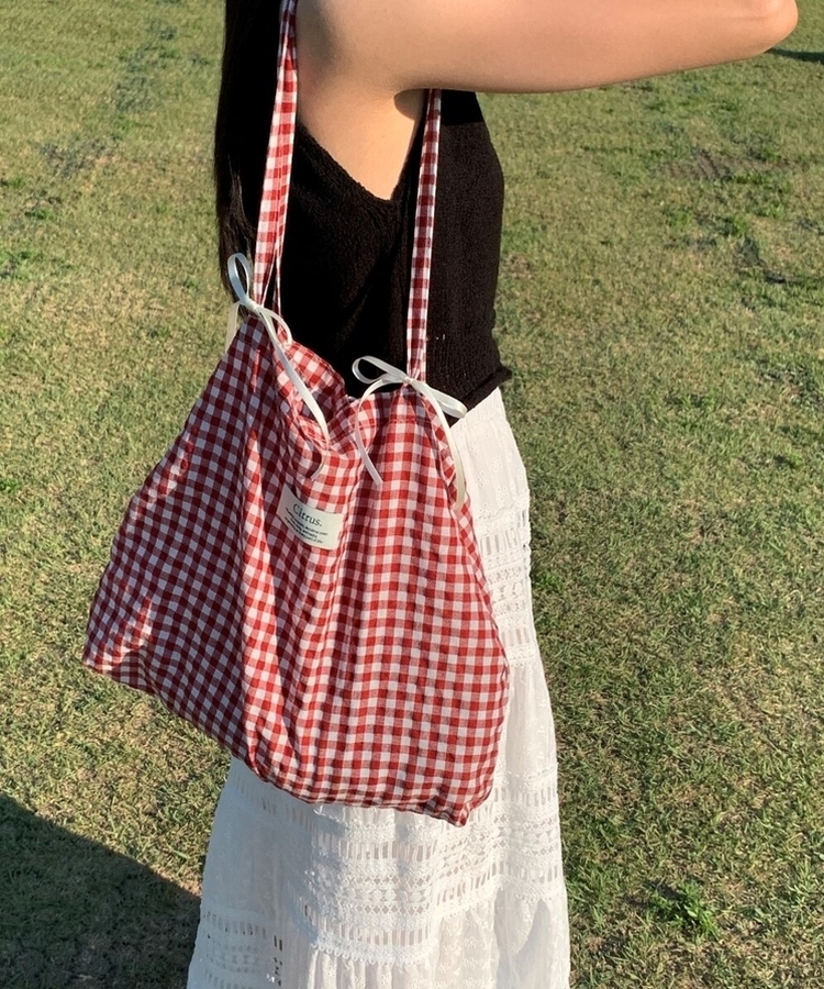 チェックショルダーエコバッグ RED