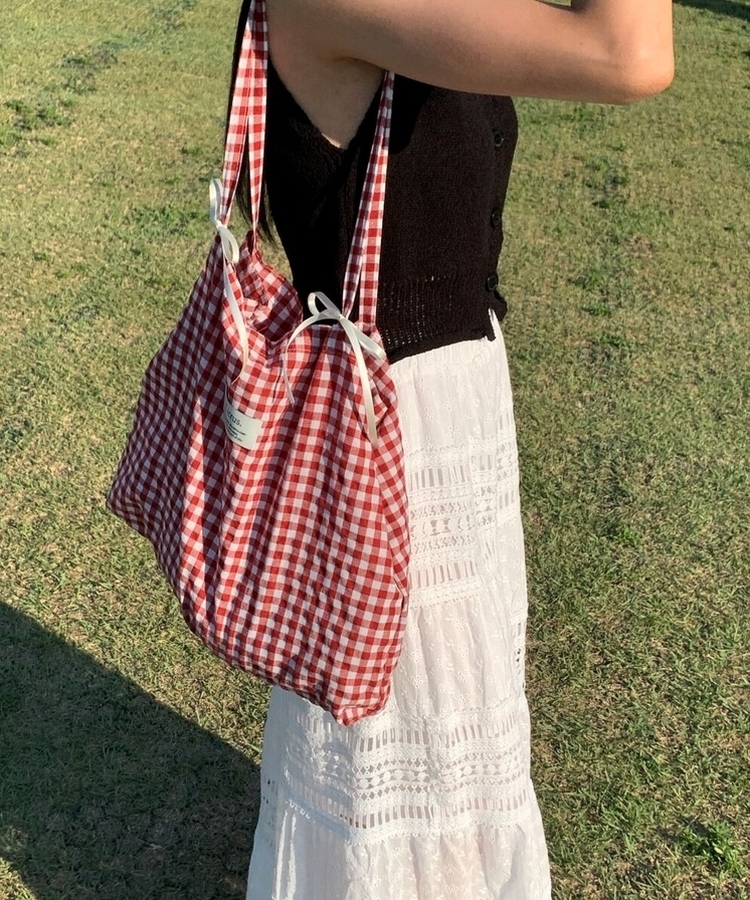 チェックショルダーエコバッグ RED