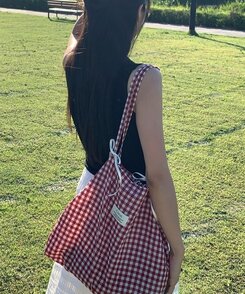 バッグ チェックショルダーエコバッグ RED