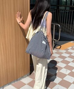 バッグ チェックショルダーエコバッグ BLACK