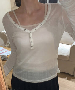 長袖Tシャツ シースルーボタンリブ長袖Tシャツ IVORY