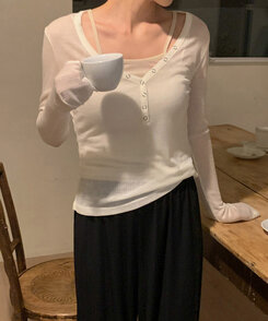 長袖Tシャツ シースルーボタンリブ長袖Tシャツ IVORY