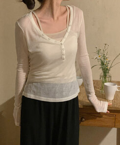 長袖Tシャツ シースルーボタンリブ長袖Tシャツ IVORY