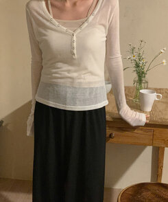 長袖Tシャツ シースルーボタンリブ長袖Tシャツ IVORY