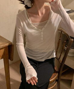 長袖Tシャツ シースルーボタンリブ長袖Tシャツ IVORY