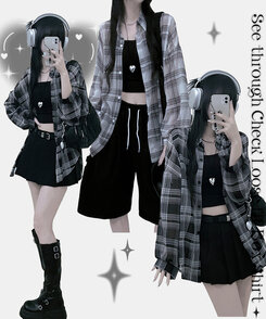 シャツ シースルールーズフィットチェックシャツ BLACK