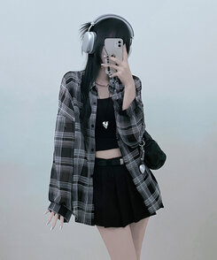 シャツ シースルールーズフィットチェックシャツ BLACK