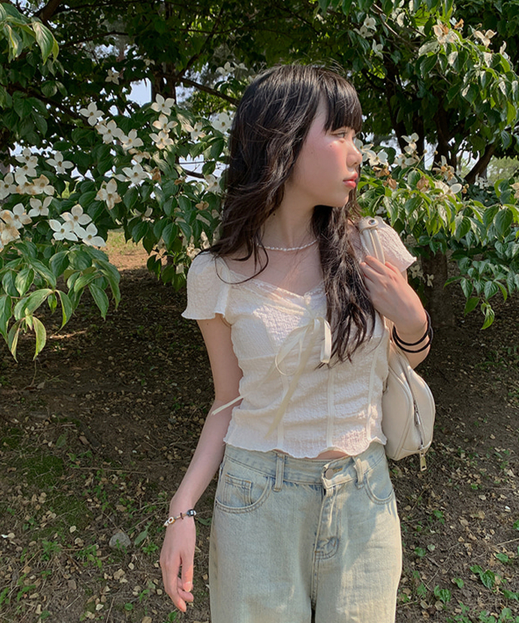 レースリボン半袖Tシャツ IVORY