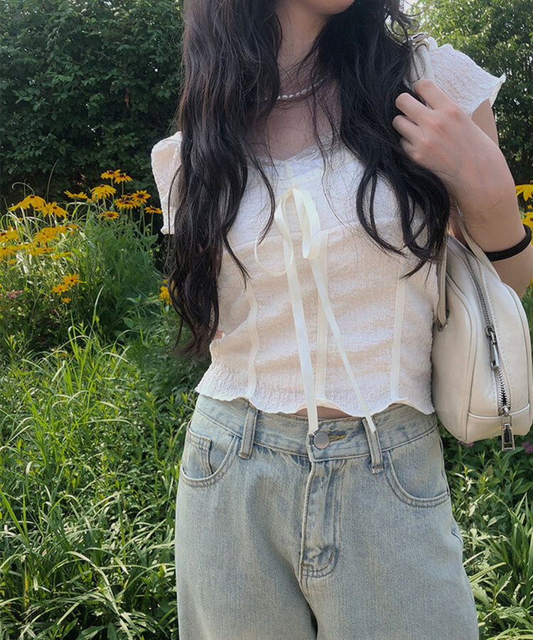 レースリボン半袖Tシャツ IVORY