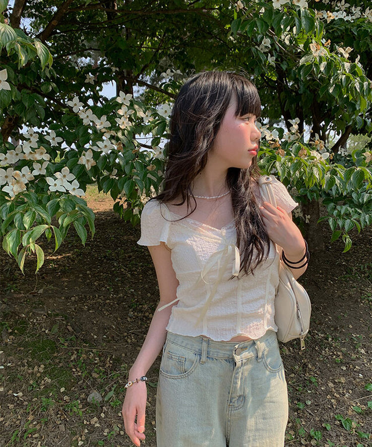 レースリボン半袖Tシャツ IVORY