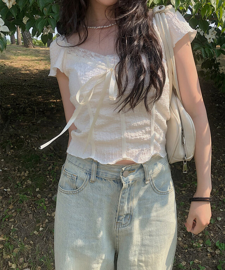 レースリボン半袖Tシャツ IVORY
