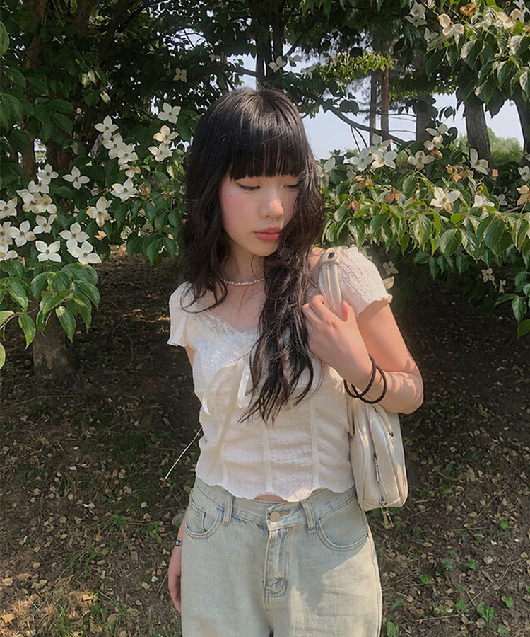 レースリボン半袖Tシャツ IVORY
