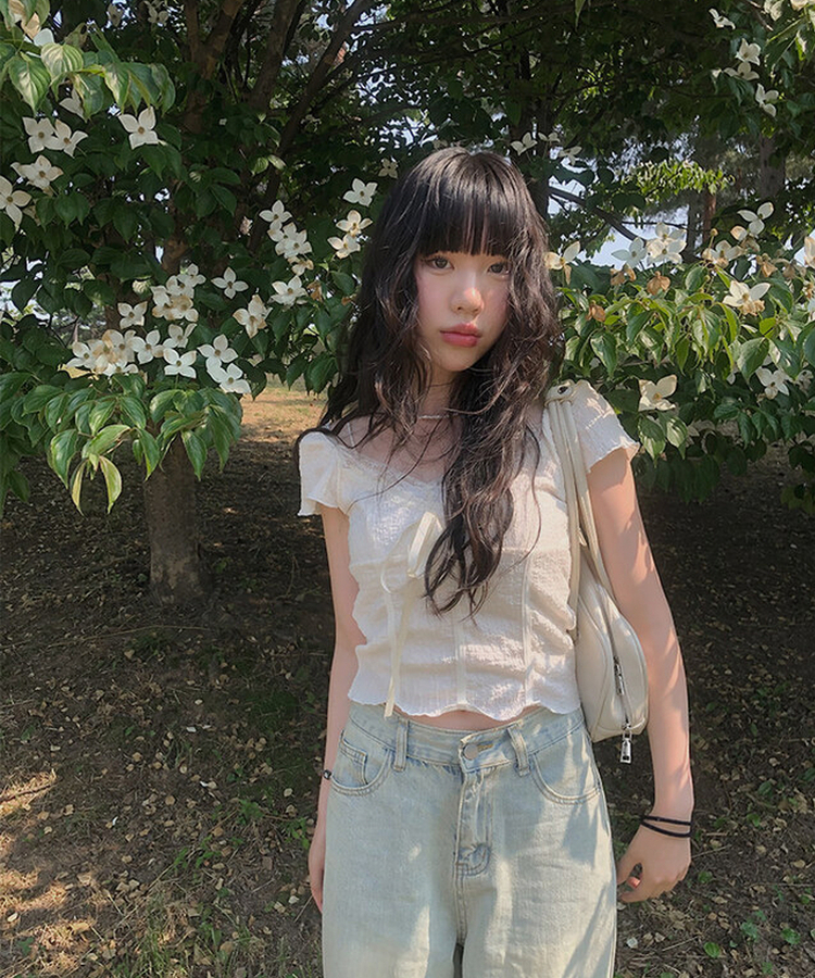 レースリボン半袖Tシャツ IVORY