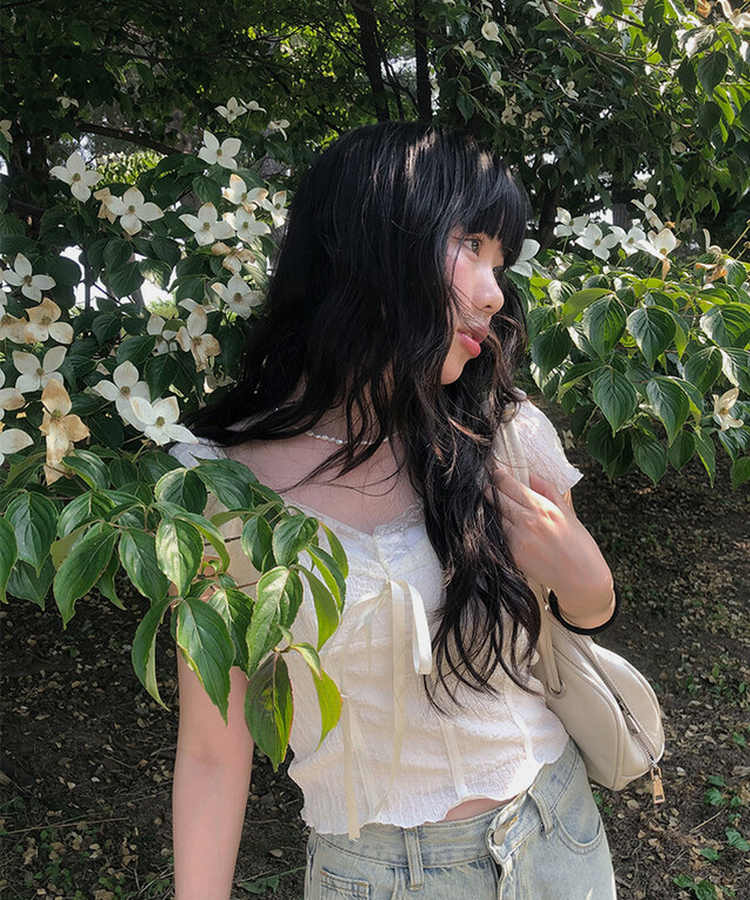 レースリボン半袖Tシャツ IVORY