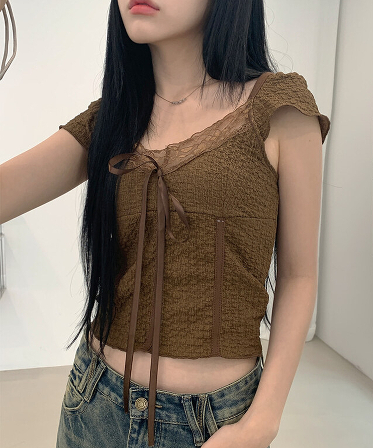 レースリボン半袖Tシャツ BROWN