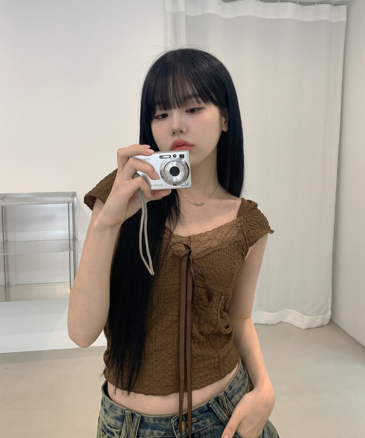 レースリボン半袖Tシャツ BROWN