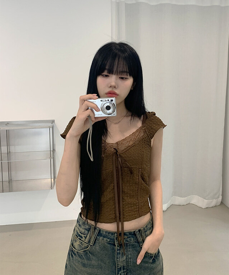 レースリボン半袖Tシャツ BROWN