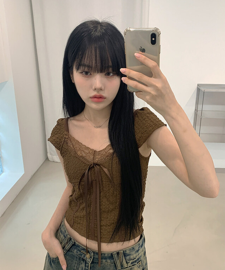 レースリボン半袖Tシャツ BROWN