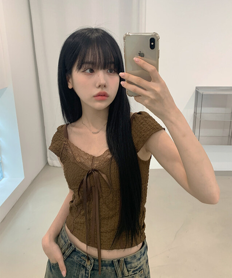 レースリボン半袖Tシャツ BROWN