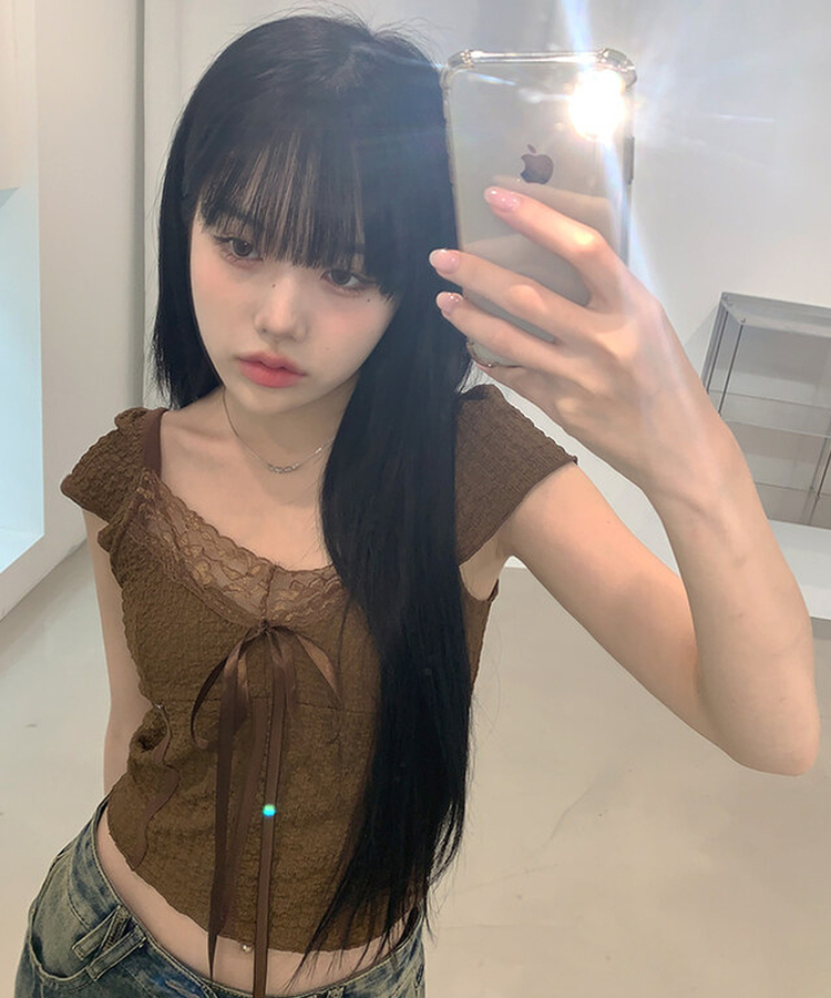 レースリボン半袖Tシャツ BROWN