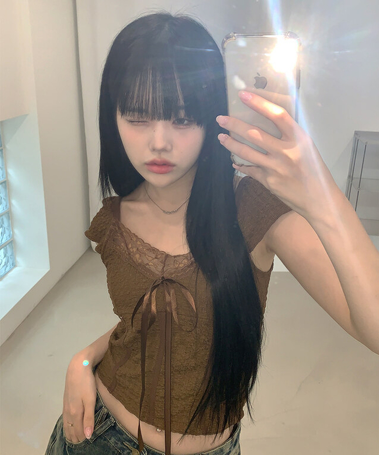 レースリボン半袖Tシャツ BROWN