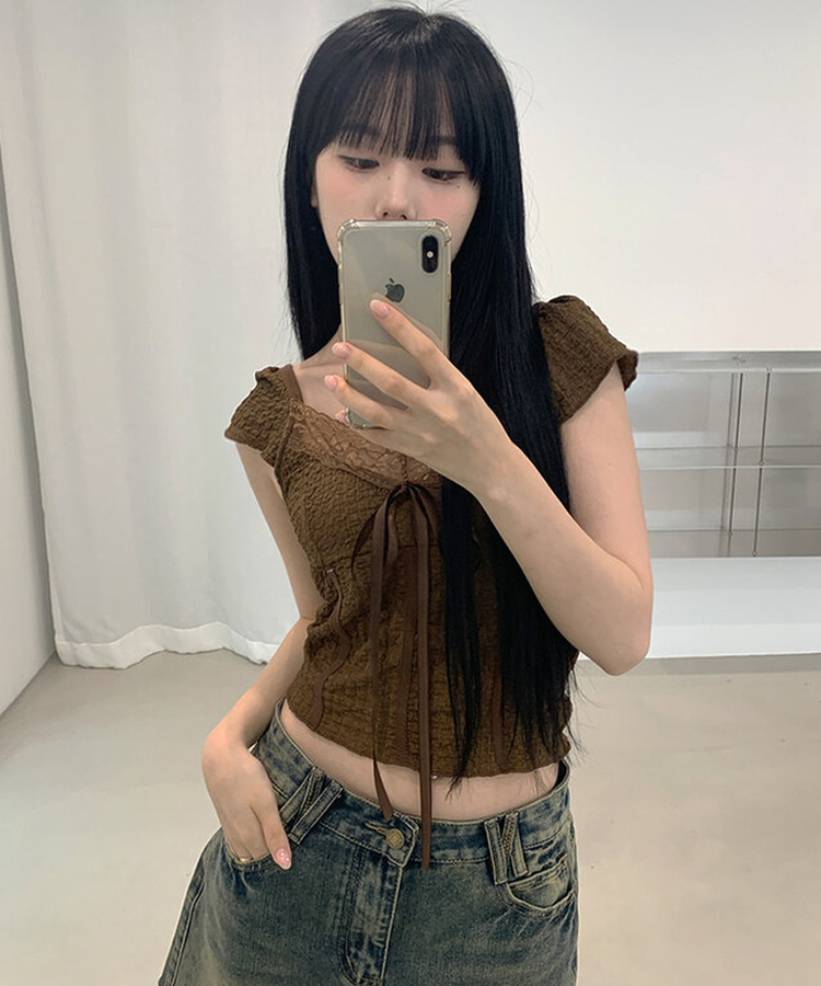レースリボン半袖Tシャツ BROWN