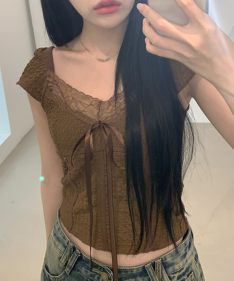 レースリボン半袖Tシャツ BROWN