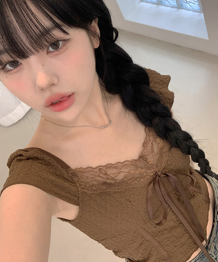 レースリボン半袖Tシャツ BROWN