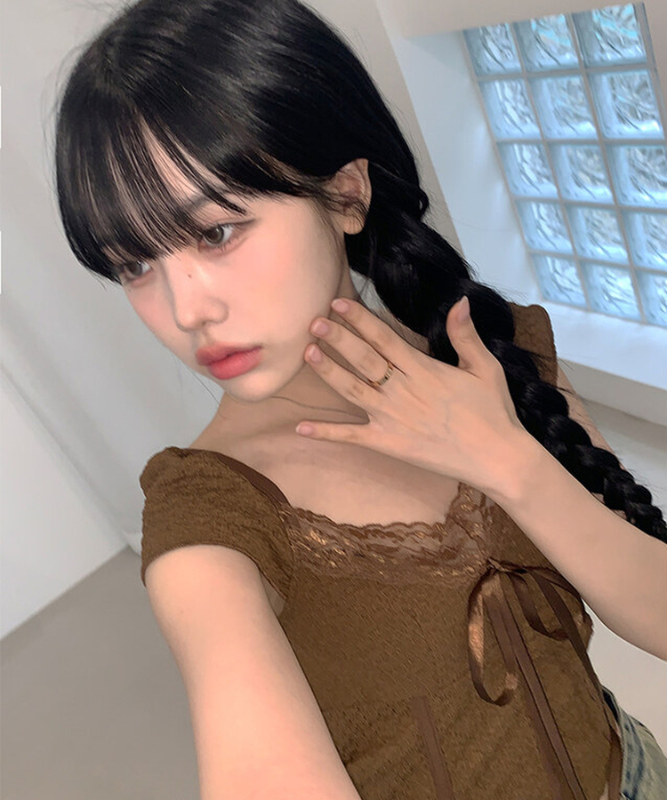 レースリボン半袖Tシャツ BROWN