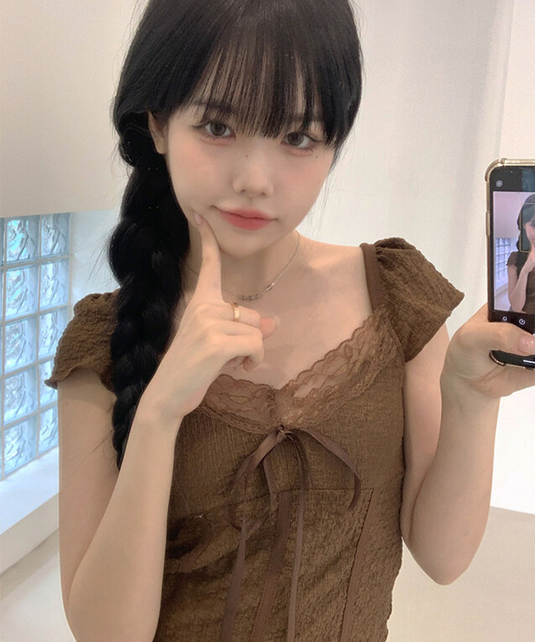 レースリボン半袖Tシャツ BROWN