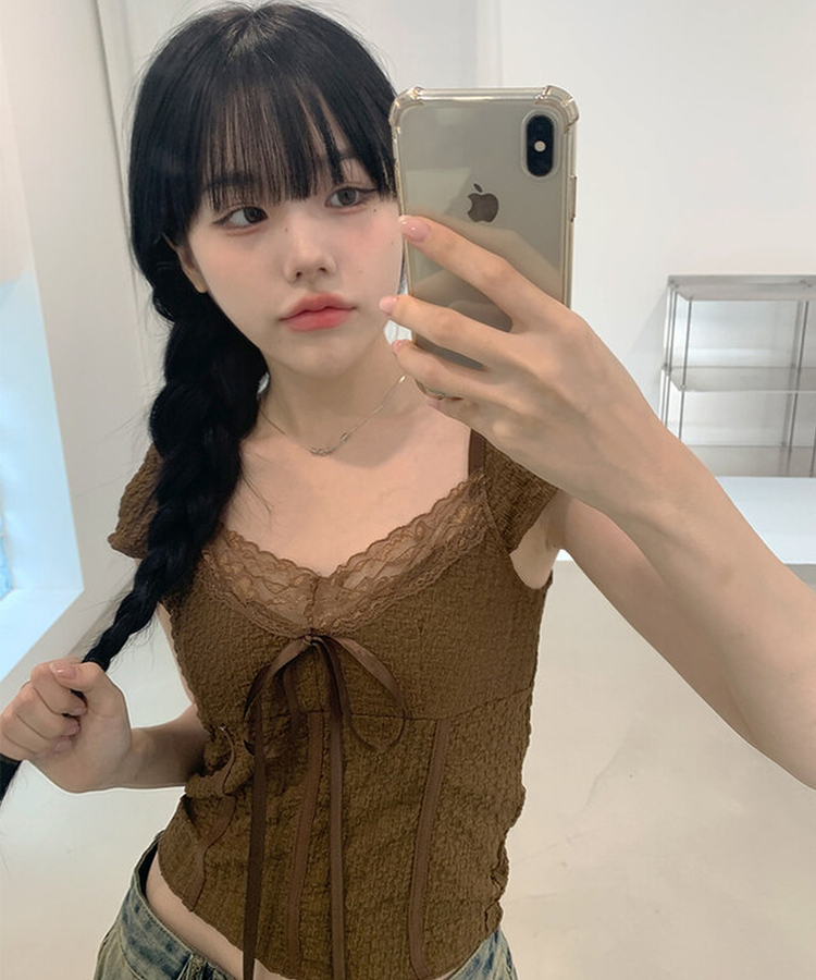 レースリボン半袖Tシャツ BROWN