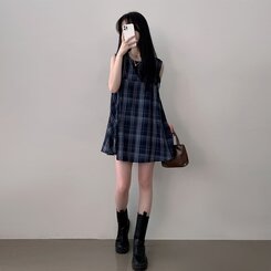 ビスチェノースリーブチェックミニワンピース NAVY