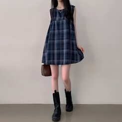 ビスチェノースリーブチェックミニワンピース NAVY