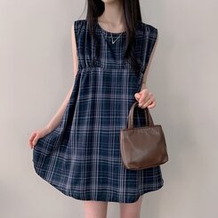 ビスチェノースリーブチェックミニワンピース NAVY