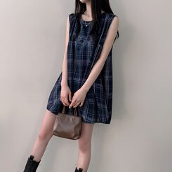 ビスチェノースリーブチェックミニワンピース NAVY