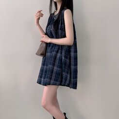 ビスチェノースリーブチェックミニワンピース NAVY