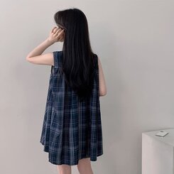 ビスチェノースリーブチェックミニワンピース NAVY