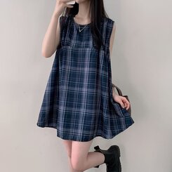 ビスチェノースリーブチェックミニワンピース NAVY