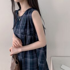 ビスチェノースリーブチェックミニワンピース NAVY