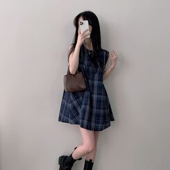ビスチェノースリーブチェックミニワンピース NAVY