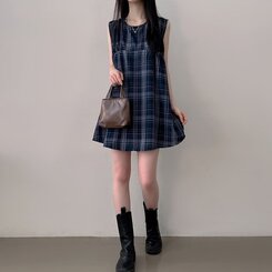 ビスチェノースリーブチェックミニワンピース NAVY