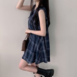 ビスチェノースリーブチェックミニワンピース NAVY