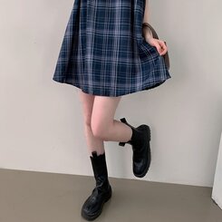 ビスチェノースリーブチェックミニワンピース NAVY