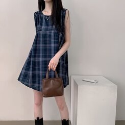 ビスチェノースリーブチェックミニワンピース NAVY