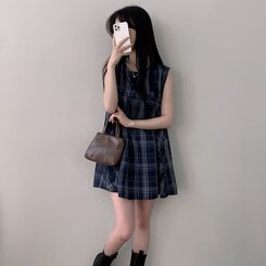 ビスチェノースリーブチェックミニワンピース NAVY