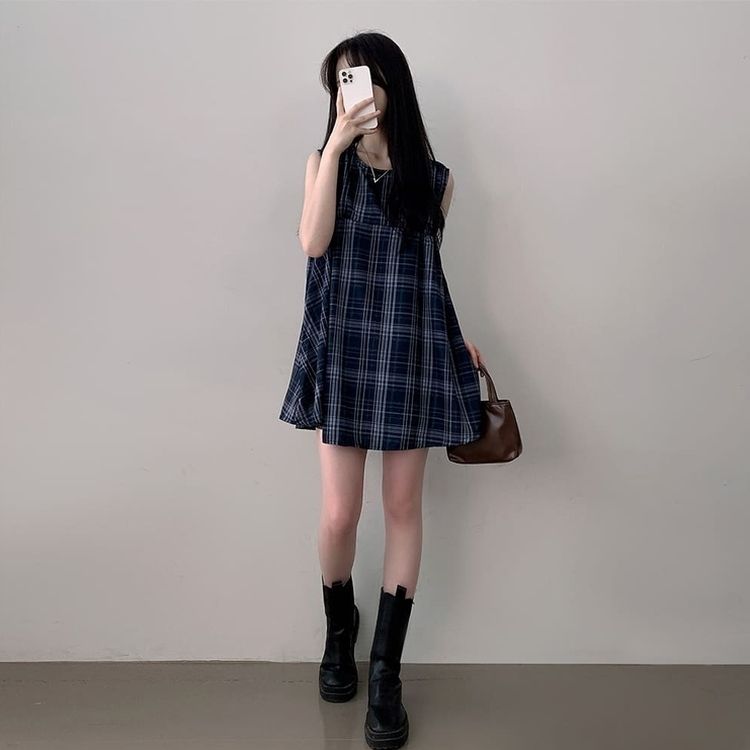 ビスチェノースリーブチェックミニワンピース NAVY