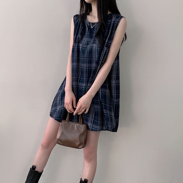 ビスチェノースリーブチェックミニワンピース NAVY