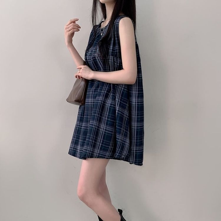 ビスチェノースリーブチェックミニワンピース NAVY
